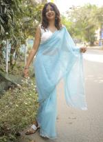 Organza Sky Blue Party Wear Sequins Work Saree